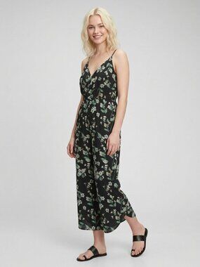 2/$30 TAHARI Floral Print Sleeveless Drawstring Cropped Jumpsuit Black 8 #A4500
